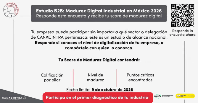 CANACINTRA Y AMVO, CON EL 
RESPALDO DE 
MERCADOLIBRENEGOCIOS: INVITAN A 
LAS EMPRESAS INDUSTRIALES DE 
MÉXICO, DE CUALQUIER SECTOR O 
DELEGACIÓN, A RESPONDER EL 
ESTUDIO B2B: MADUREZ DIGITAL 
INDUSTRIAL EN MÉXICO 2026.