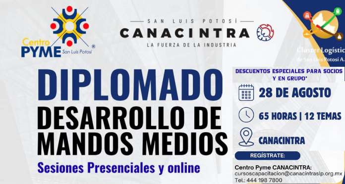 DIPLOMADO: TE INVITAMOS A UNIRTE A 
LA 6ª EDICIÓN “DESARROLLO DE 
MANDOS MEDIOS, EN MODALIDAD 
HÍBRIDA, DONDE SE DESARROLLARÁN 12 
TALLERES, CON DURACIÓN TOTAL DE 65 
HORAS.